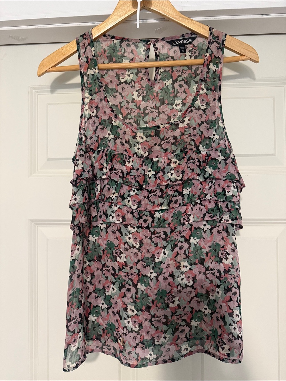 Express Pink & Green Floral Ruffle Camisole